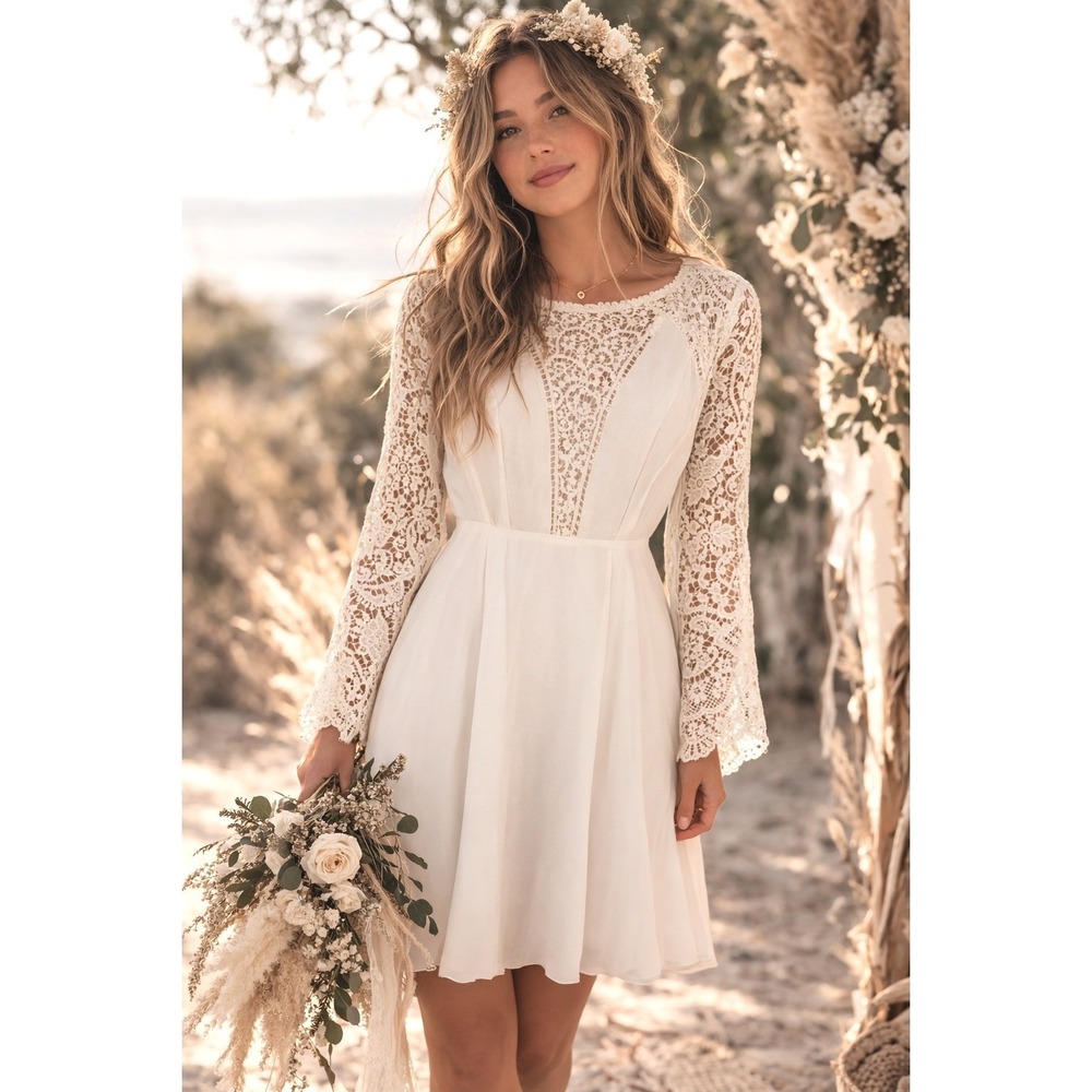 Gianni Bini Women's Small Ivory Lace Fit & Flare Dress Pleated Long Sleeve